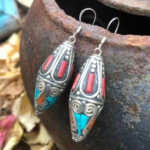 Antique Afghan Turquoise and Coral Earrings